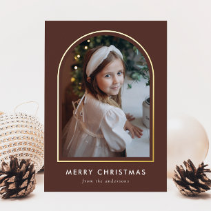 Modern Merry Christmas Brown Arch Photo Foil Holiday Card