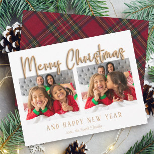 Modern Merry Christmas Bubble Letters Plaid Photo  Holiday Card