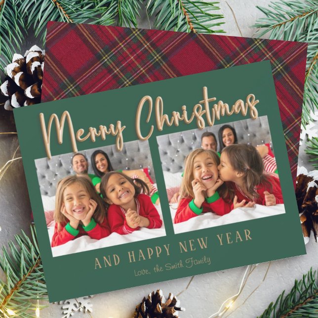 Modern Merry Christmas Bubble Letters Plaid Photo Holiday Card (Creator Uploaded)