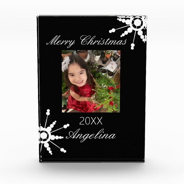 Modern Merry Christmas Bubble Snowflake Photo Block (Front)