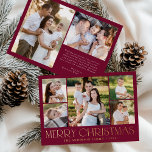 Modern Merry Christmas Burgundy Photo Collage Foil Holiday Card<br><div class="desc">Celebrate the season with the Modern Elegant Merry Christmas Burgundy Photo Collage foil holiday card. This stylish design features a 5-photo collage on the front, with 4 square photos surrounding a larger picture at the centre. "Merry Christmas" is beautifully displayed in trendy gold foil lettering on a burgundy background. Customize...</div>