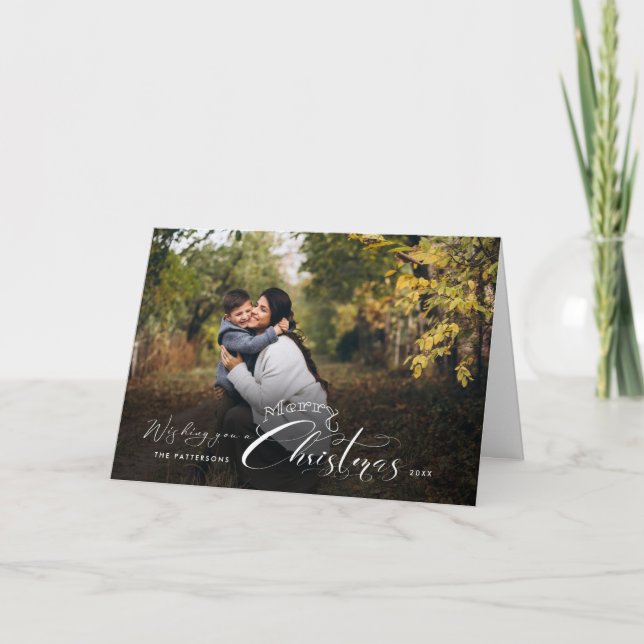 Modern Merry Christmas Calligraphy Photo Holiday Card (Front)