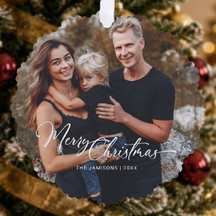 Modern Merry Christmas Calligraphy Script Photo Ornament Card