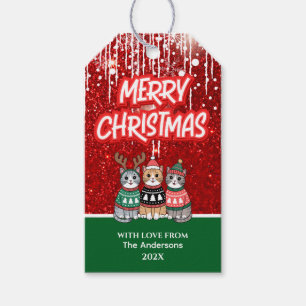 Modern Merry Christmas Cats Red and Green Cute Gift Tags
