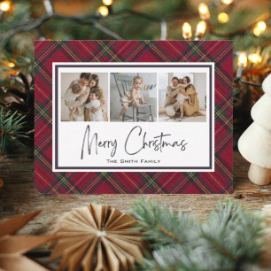 Modern Merry Christmas Classic Red Plaid Holiday Card