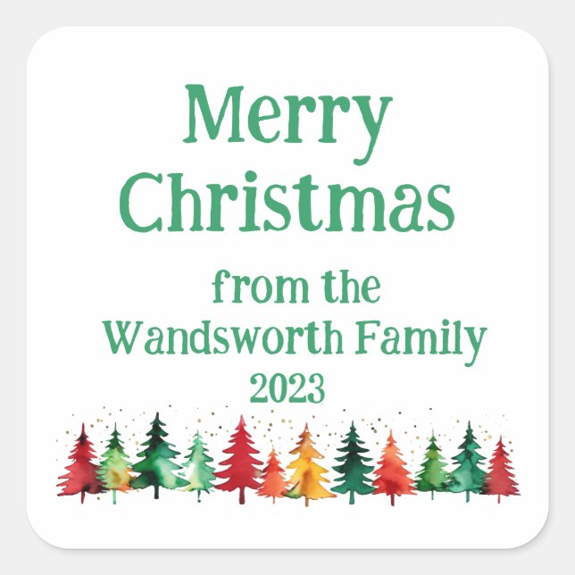Modern Merry Christmas Colorful Watercolour Trees Square Sticker (Front)