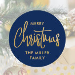 Modern Merry Christmas Custom Name Blue Gold Classic Round Sticker<br><div class="desc">Create your own holiday stickers with this simple and elegant design. These circle-shaped stickers display the words 'Merry Christmas' and can be personalized with a name, your family name or the holiday year. A modern and chic template, featuring stylish script lettering with a textured faux gold effect, against a navy...</div>