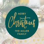 Modern Merry Christmas Custom Name Teal Green Gold Classic Round Sticker<br><div class="desc">Create your own holiday stickers with this simple and elegant design. These circle-shaped stickers display the words 'Merry Christmas' and can be personalized with a name, your family name or the holiday year. A modern and chic template, featuring stylish script lettering with a textured faux gold effect, against a teal...</div>