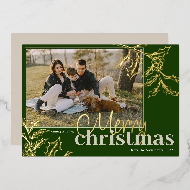 Modern Merry Christmas Custom Photo Green Gold Foil Holiday Card (Front/Back)