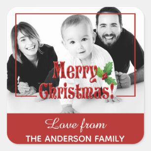 Modern Merry Christmas Custom Photo Square Sticker