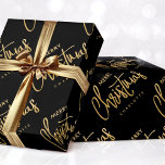 Modern Merry Christmas Custom Script Black Gold Wrapping Paper<br><div class="desc">Create your own holiday gift wrap with this simple and elegant design. A seamless diagonal pattern, with the words 'Merry Christmas', and personalized with the recipient's name, your family name or the holiday year. This contemporary template features stylish script lettering with a faux gold effect, against a black background. You...</div>