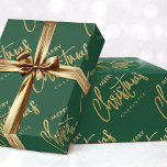 Modern Merry Christmas Custom Script Green Gold Wrapping Paper<br><div class="desc">Create your own holiday gift wrap with this simple and elegant design. A seamless diagonal pattern, with the words 'Merry Christmas', and personalized with the recipient's name, your family name or the holiday year. This contemporary template features stylish script lettering with a faux gold effect, against a forest green background....</div>