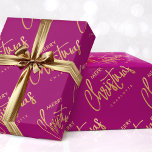 Modern Merry Christmas Custom Script Plum Gold Wrapping Paper<br><div class="desc">Create your own holiday gift wrap with this simple and elegant design. A seamless diagonal pattern, with the words 'Merry Christmas', and personalized with the recipient's name, your family name or the holiday year. This contemporary template features stylish script lettering with a faux gold effect, against a purple-pink plum background....</div>