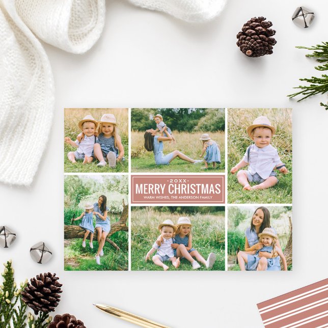 Modern Merry Christmas Dusty Pink Photo Collage Holiday Card (Creator Uploaded)