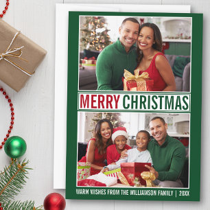 Modern Merry Christmas Family 2 Photo Green Holiday Card
