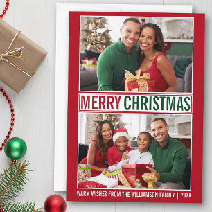 Modern Merry Christmas Family 2 Photo Red Holiday Card