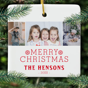Modern Merry Christmas Family 3 Photo Collage Ceramic Ornament