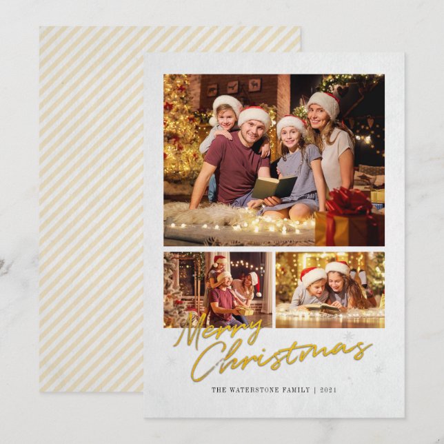 Modern Merry Christmas Family Faux Gold Photo Holiday Card (Front/Back)