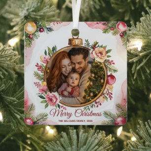 Modern Merry Christmas Family Photo Floral Frame   Metal Ornament