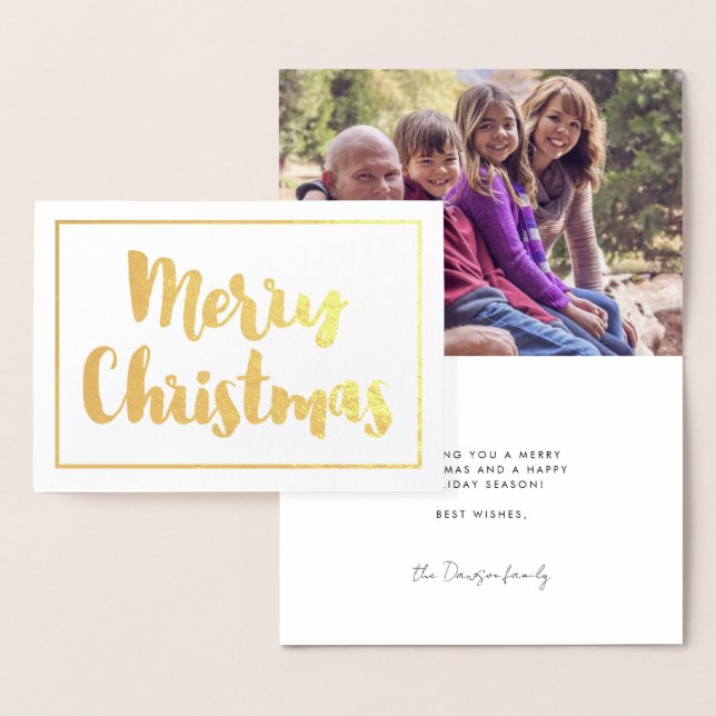 Modern Merry Christmas family photo gold Foil Card (Display)