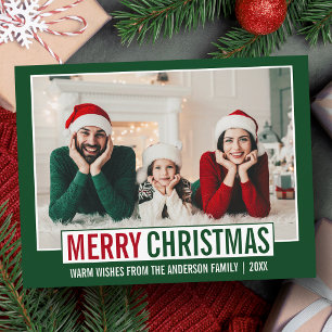 Modern Merry Christmas Family Photo Green Postcard
