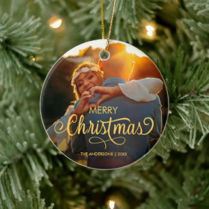 Modern Merry Christmas Family Photo Name Ceramic O Ornament
