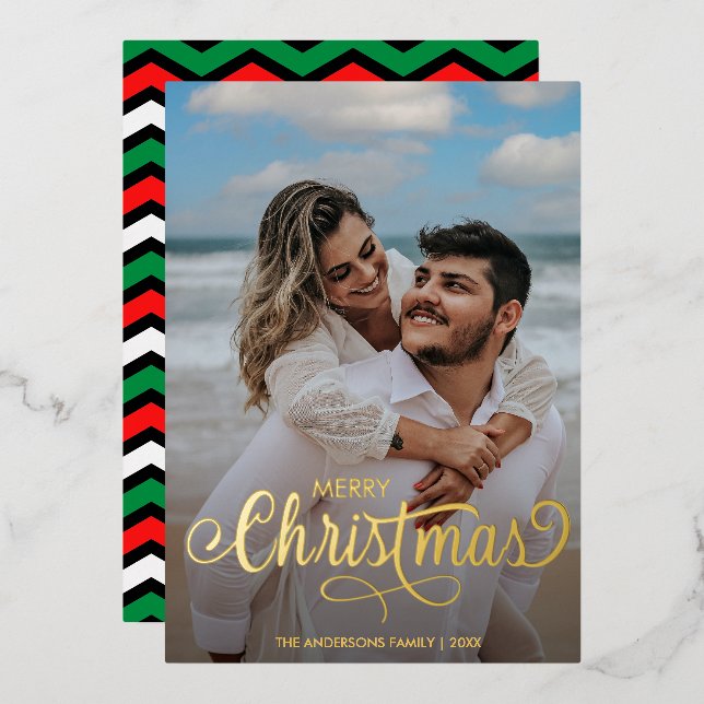 Modern Merry Christmas Family Photo Name Stripes   Foil Holiday Card (Front/Back)
