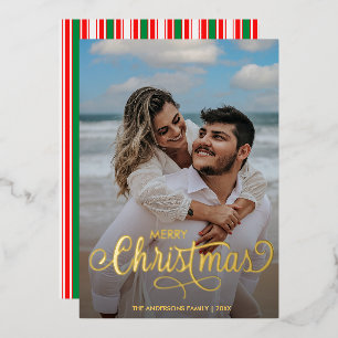 Modern Merry Christmas Family Photo Name Stripes  Foil Holiday Card