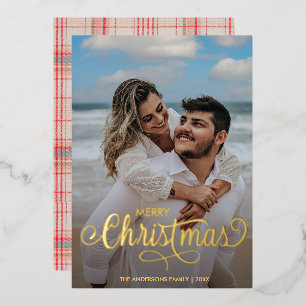 Modern Merry Christmas Family Photo Name Tartan  F Foil Holiday Card