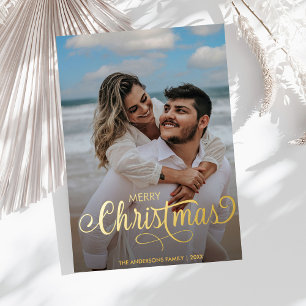 Modern Merry Christmas Family Photo Name Tartan  F Foil Holiday Card