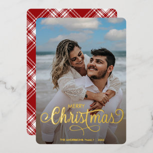 Modern Merry Christmas Family Photo Name Tartan Fo Foil Holiday Card