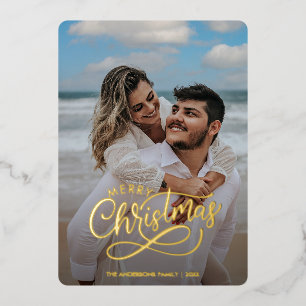 Modern Merry Christmas Family Photo Name Tartan Foil Holiday Card