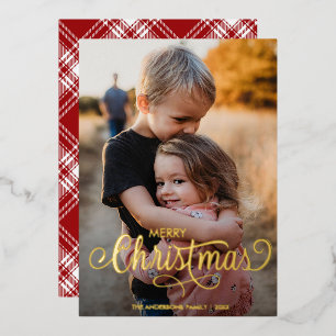 Modern Merry Christmas Family Photo Name Tartan Foil Holiday Card