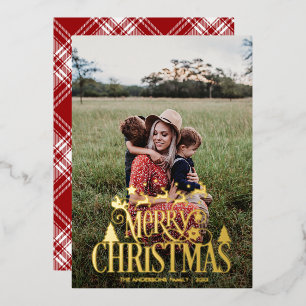 Modern Merry Christmas Family Photo Name Tartan Foil Holiday Card