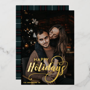 Modern Merry Christmas Family Photo Name Tartan Foil Holiday Card