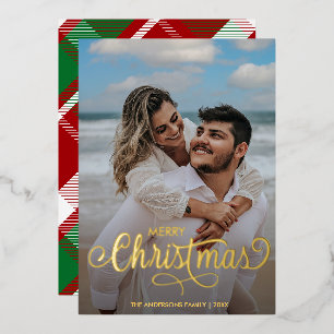 Modern Merry Christmas Family Photo Name Tartan  Foil Holiday Card