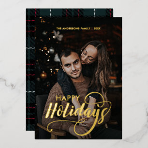 Modern Merry Christmas Family Photo Name Tartan Foil Holiday Card