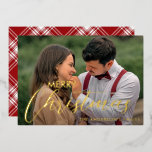 Modern Merry Christmas Family Photo Name Tartan Foil Holiday Card<br><div class="desc">Modern Merry Christmas Family Photo Name Tartan</div>