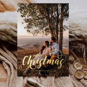 Modern Merry Christmas Family Photo Name Tartan Foil Holiday Card