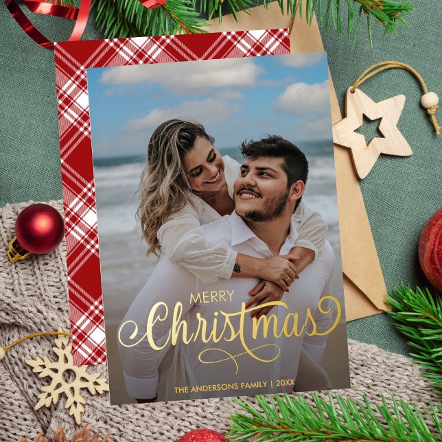 Modern Merry Christmas Family Photo Name Tartan Foil Holiday Card (Creator Uploaded)