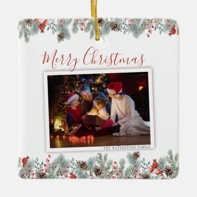 Modern Merry Christmas Family Photo Rustic Ceramic Ornament (Front)