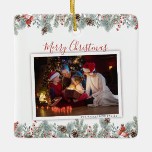 Modern Merry Christmas Family Photo Rustic Ceramic Ornament