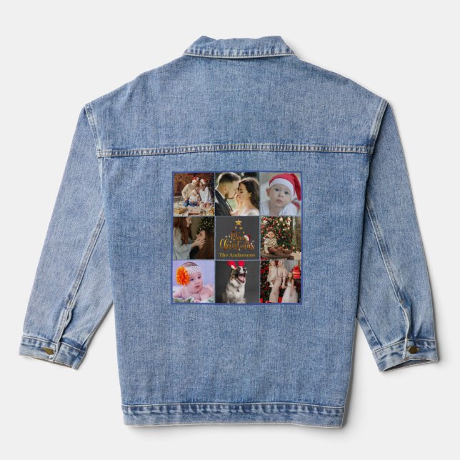Modern Merry Christmas Family Photo Rustic Denim Jacket (Back)