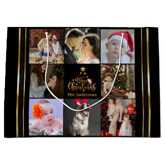 Modern Merry Christmas Family Photo Rustic Large Gift Bag