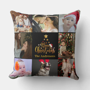 Modern Merry Christmas Family Photo Rustic Throw Pillow