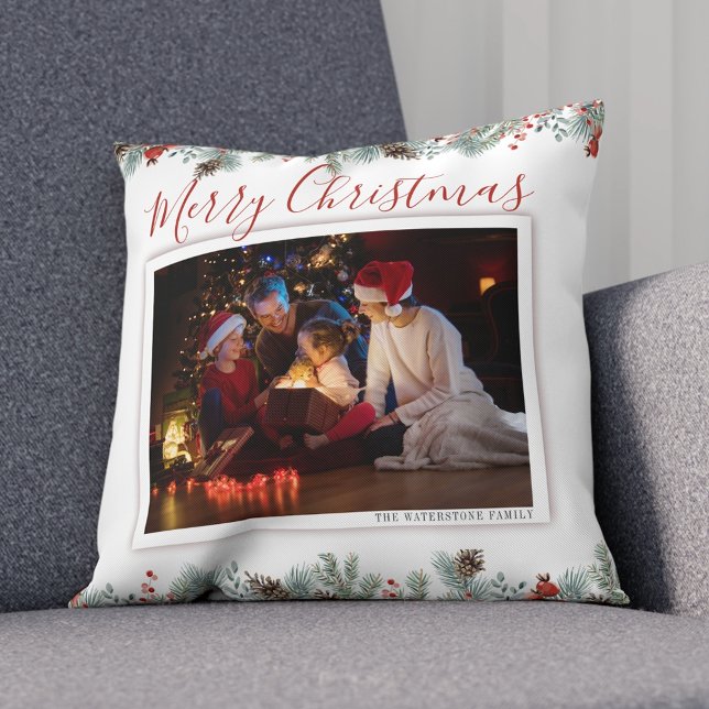 Modern Merry Christmas Family Photo Rustic Throw Pillow (Christmas Photo Family Botanical Throw Pillow)