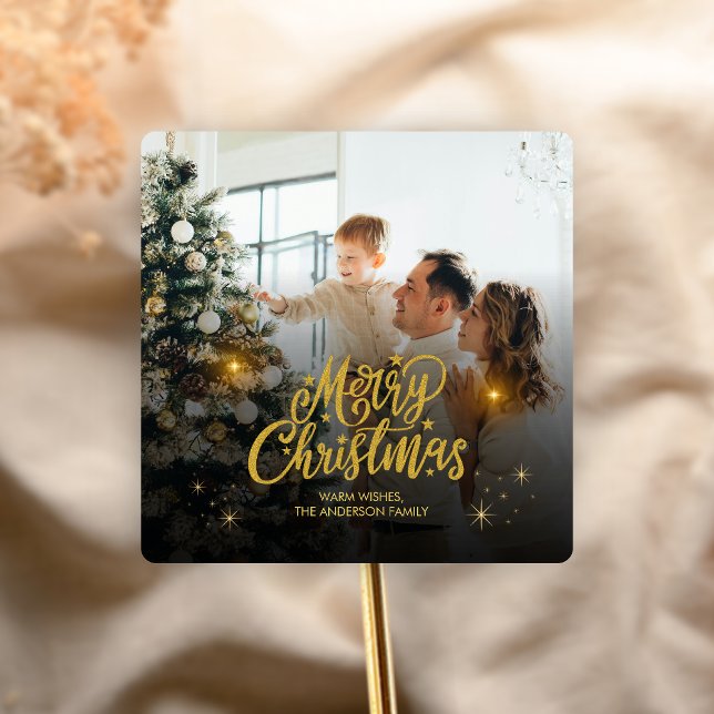 Modern Merry Christmas Family Photo Square Sticker (Modern Christmas Family Holiday Sticker)