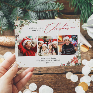 Modern Merry Christmas Floral 3 Photo Greeting Holiday Card