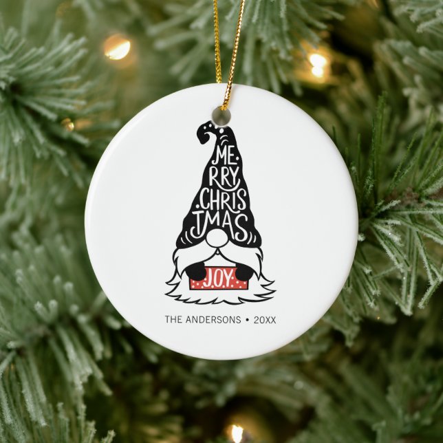 Modern Merry Christmas Gnome Holiday Ceramic Ornament (Tree)