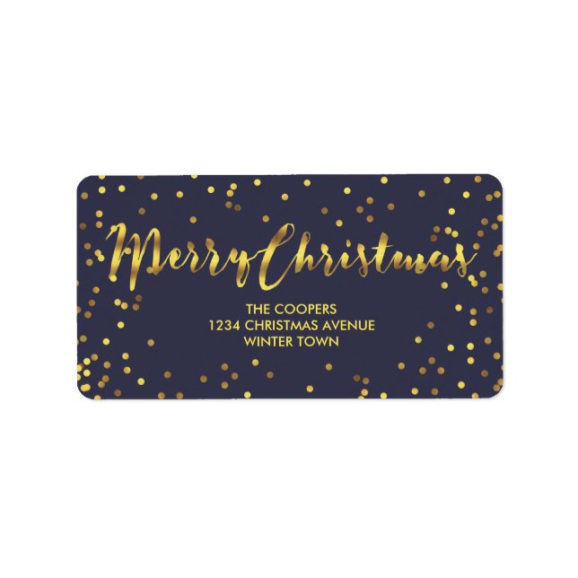 Modern Merry Christmas Gold Foil Confetti Blue Label (Front)